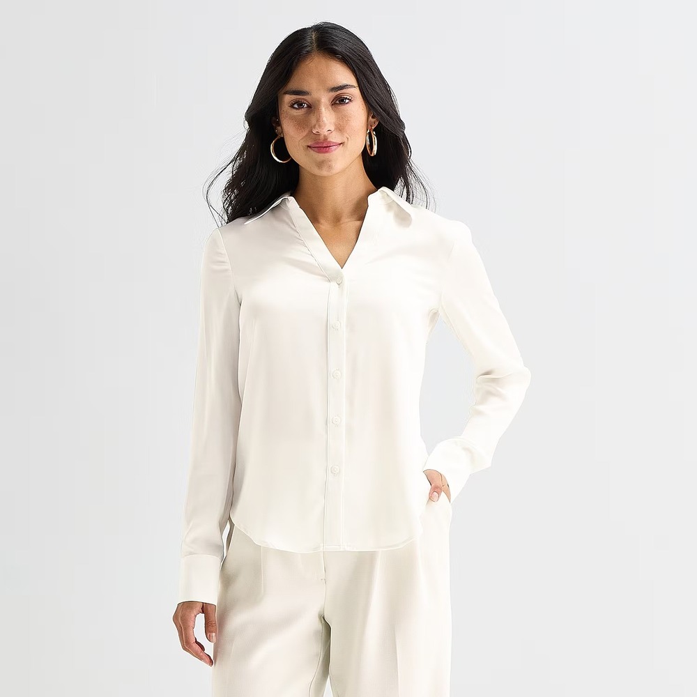 MSRP $49 Worthington Womens L Polar Bear Long Sleeve Slim Fit Blouse